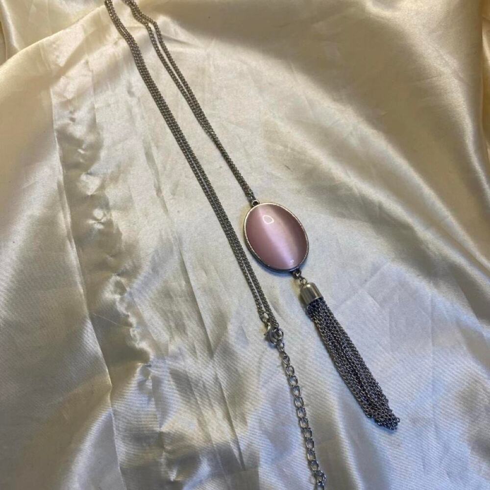 Vintage Long Pink Cat’s Eye Glass Tassel Necklace Silver Tone Retro 1970s